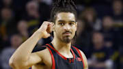 Mar 5, 2025; Ann Arbor, Michigan, USA;  Maryland Terrapins guard Rodney Rice (1) celebrates in the second half against the Michigan Wolverines at Crisler Center. Mandatory Credit: Rick Osentoski-Imagn Images