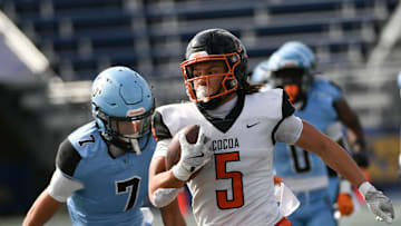 Jayvan Boggs of Cocoa makes a 60-yard pass reception against Gadsden County in the FHSAA football Class 2A state championship Thursday, December 12, 2024. Craig Bailey/FLORIDA TODAY via USA TODAY NETWORK