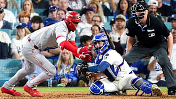 Cincinnati Reds outfielder Will Benson (30) gets out of the way of a pitch in the eighth inning of the MLB National League Wild Card Game 2 between the Cincinnati Reds and LA Dodgers, Wednesday, Oct. 1, 2025, at Dodger Stadium in Los Angeles, California. Dodgers won 8-4.
