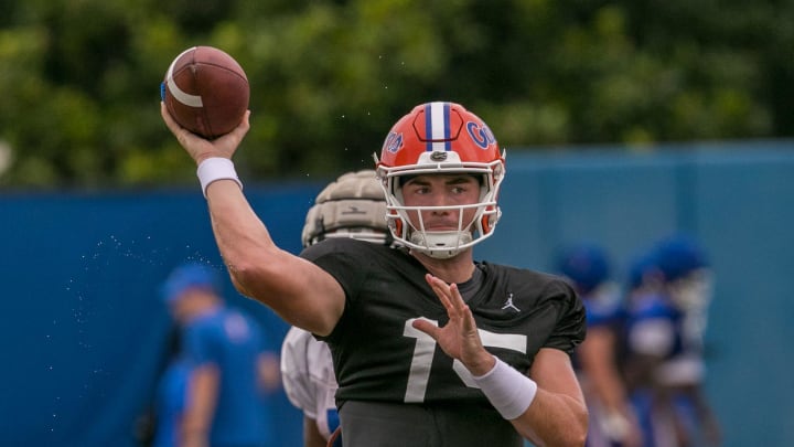 Florida Gators quarterback Graham Mertz (15) throws during morning practice at Sanders Practice Field in Gainesville,