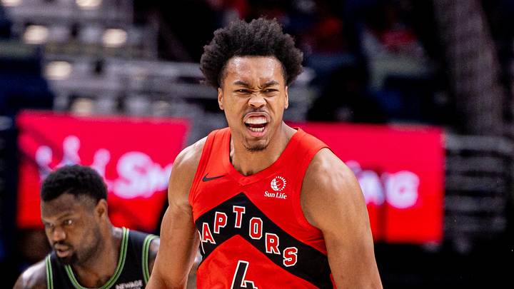 Mar 11, 2026; New Orleans, Louisiana, USA;  Toronto Raptors forward/guard Scottie Barnes (4) reacts to making a three point basket against the New Orleans Pelicans during the first half at Smoothie King Center. Mandatory Credit: Stephen Lew-Imagn Images