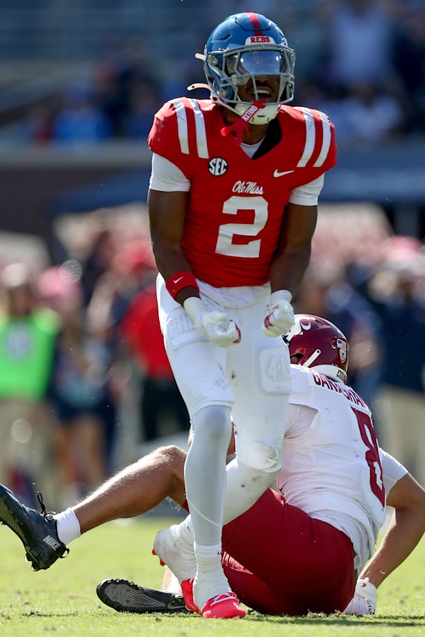Mississippi Rebels defensive back Jaylon Braxton (2) reacts after a pass breakup during the fourth quarter.