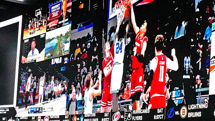 Potawatomi Sports Book patrons watch the University of Wisconsin men play UCLA on Friday, March 14, 2025. The venue is open for the first time during March Madness and is expecting to be busy over the next few weeks in Milwaukee.