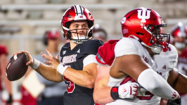 Indiana's Kurtis Rourke (9) prepares to pass during the Indiana football spring game at Memorial Stadaium on Thursday, April 18, 2024.