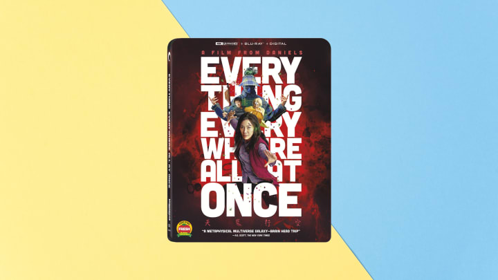 'Everything Everywhere All At Once' against colorful background.