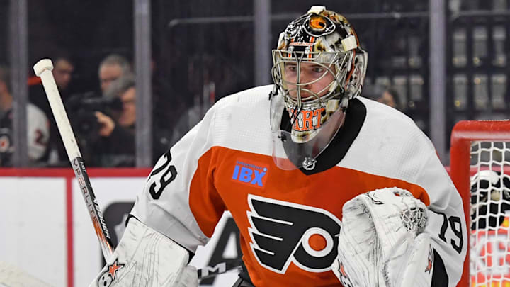 Jan 8, 2024; Philadelphia, Pennsylvania, USA; Philadelphia Flyers goaltender Carter Hart (79) against the Pittsburgh Penguins at Wells Fargo Center. Mandatory Credit: Eric Hartline-Imagn Images
