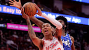 Apr 9, 2024; Houston, Texas, USA; Houston Rockets forward Jabari Smith Jr. (10) shoots an inside shot against the Orlando Magic during the second quarter at Toyota Center. Mandatory Credit: Erik Williams-Imagn Images