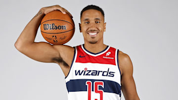 Sep 30, 2024; Washington, DC, USA; Washington Wizards guard Malcolm Brogdon (15) poses for a portrait during Washington Wizards media day 2024 at Capital One Arena. Mandatory Credit: Geoff Burke-Imagn Images