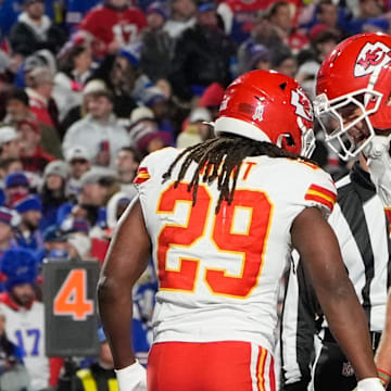 Nov 2, 2025; Orchard Park, New York, USA; Kansas City Chiefs running back Kareem Hunt (29) celebrates a touchdown in the second half at Highmark Stadium. Mandatory Credit: Gregory Fisher-Imagn Images