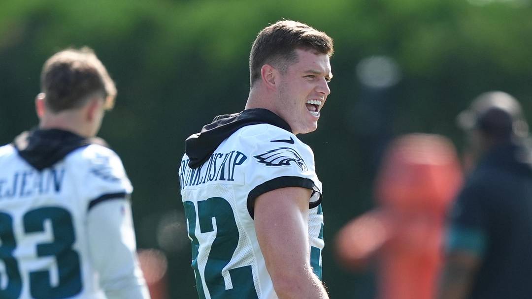 Jul 24, 2025; Philadelphia, PA, USA; Philadelphia Eagles safety Reed Blankenship reacts during training camp at NovaCare Complex. Mandatory Credit: Kyle Ross-Imagn Images