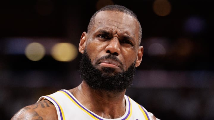 Apr 20, 2024; Denver, Colorado, USA; Los Angeles Lakers forward LeBron James (23) reacts during the third quarter against the Denver Nuggets in game one of the first round for the 2024 NBA playoffs at Ball Arena. Mandatory Credit: Andrew Wevers-USA TODAY Sports