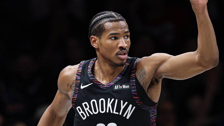 Mar 20, 2026; Brooklyn, New York, USA; Brooklyn Nets guard Ochai Agbaji (30) runs up court after a basket against the New York Knicks during the first half at Barclays Center. Mandatory Credit: Vincent Carchietta-Imagn Images