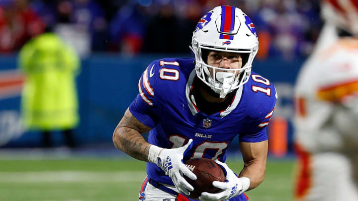 Buffalo Bills wide receiver Khalil Shakir (10) looks for yards after a catch. He caught 7 passes and had a touchdown.