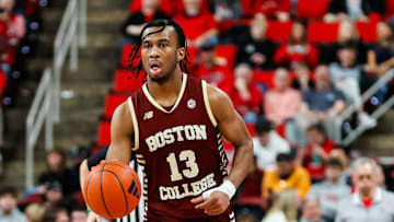 Feb 15, 2025; Raleigh, North Carolina, USA; Boston College Eagles guard Donald Hand Jr. (13) dribbles with the ball during the second half of the game against North Carolina State Wolfpack at Lenovo Center. Mandatory Credit: Jaylynn Nash-Imagn Images