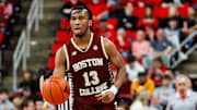 Feb 15, 2025; Raleigh, North Carolina, USA; Boston College Eagles guard Donald Hand Jr. (13) dribbles with the ball during the second half of the game against North Carolina State Wolfpack at Lenovo Center. Mandatory Credit: Jaylynn Nash-Imagn Images