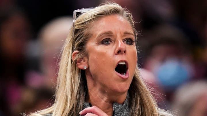 Indiana Fever head coach Christie Sides yells at her team Friday, Aug. 16, 2024, during the game at Gainbridge Fieldhouse in Indianapolis.