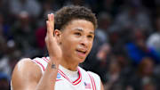 Mar 23, 2025; Seattle, WA, USA;  Arizona Wildcats forward Carter Bryant (9) reacts against the Oregon Ducks in the first half at Climate Pledge Arena. Mandatory Credit: Steven Bisig-Imagn Images
