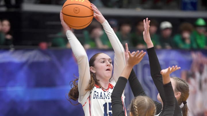 Grandview Prep's Abby Price (15) passes out of a pinch against Keswick Christian's defense during the class 1A state semi-final in the FHSAA Basketball State Championships at the RP Funding Center in Lakeland, Fl on Tuesday February 25, 2025. Grandview Prep defeated Keswick Christian 64-30 to advance. Scott Wheeler | Photo Grandview Prep's Abby Price (15) passes out of a pinch against Keswick Christian's defense during the class 1A state semi-final in the FHSAA Basketball State Championships at the RP Funding Center in Lakeland, Fl on Tuesday February 25, 2025. Grandview Prep defeated Keswick Christian 64-30 to advance. Scott Wheeler | Photo