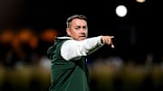 Michigan State's head coach Jeff Hosler calls out to players during the second half in the game against Arkansas on Thursday, Aug. 22, 2024, at DeMartin Stadium in East Lansing.