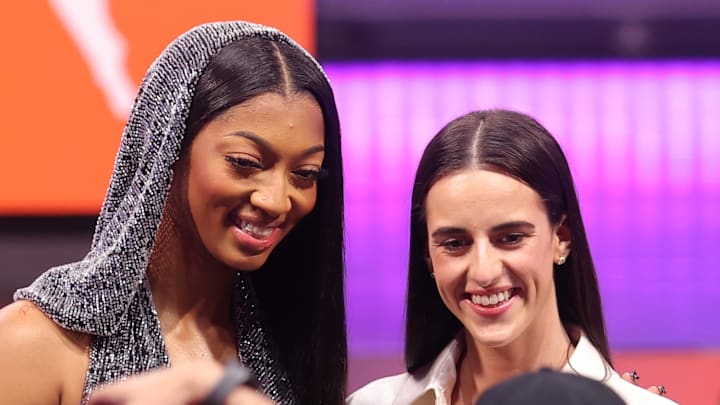 Apr 15, 2024; Brooklyn, NY, USA; Angel Reese and Caitlin Clark pose for photos before the 2024 WNBA Draft at Brooklyn Academy of Music.