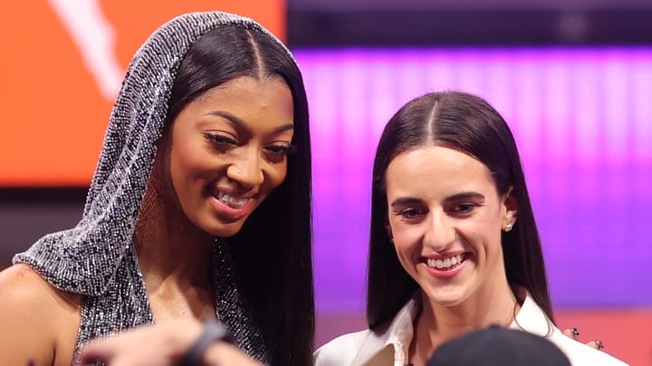 Apr 15, 2024; Brooklyn, NY, USA; Angel Reese and Caitlin Clark pose for photos before the 2024 WNBA Draft at Brooklyn Academy of Music. Mandatory Credit: Brad Penner-USA TODAY Sports