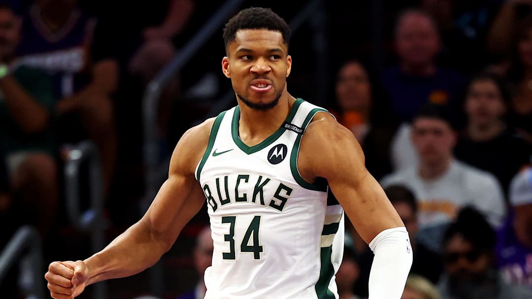 Mar 24, 2025; Phoenix, Arizona, USA; Milwaukee Bucks forward Giannis Antetokounmpo (34) reacts after a play during the second quarter against the Phoenix Suns at Footprint Center. Mandatory Credit: Mark J. Rebilas-Imagn Images