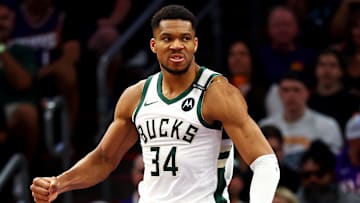 Mar 24, 2025; Phoenix, Arizona, USA; Milwaukee Bucks forward Giannis Antetokounmpo (34) reacts after a play during the second quarter against the Phoenix Suns at Footprint Center. Mandatory Credit: Mark J. Rebilas-Imagn Images