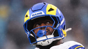 Nov 30, 2025; Charlotte, North Carolina, USA; Los Angeles Rams linebacker Jared Verse (8) looks on during the third quarter against the Carolina Panthers at Bank of America Stadium. Mandatory Credit: Scott Kinser-Imagn Images