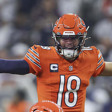 Sep 15, 2024; Houston, Texas, USA; Chicago Bears quarterback Caleb Williams (18) at the line of scrimmage during the first quarter against the Houston Texans at NRG Stadium. Mandatory Credit: Troy Taormina-Imagn Images