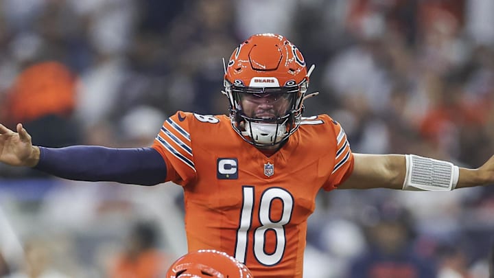 Sep 15, 2024; Houston, Texas, USA; Chicago Bears quarterback Caleb Williams (18) at the line of scrimmage during the first quarter against the Houston Texans at NRG Stadium. Mandatory Credit: Troy Taormina-Imagn Images