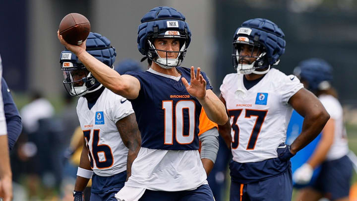 Jul 26, 2024; Englewood, CO, USA; Denver Broncos quarterback Bo Nix (10) during training camp at Broncos Park Powered by CommonSpirit. 