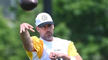 Jun 10, 2025; Pittsburgh, PA, USA; Pittsburgh Steelers quarterback Aaron Rodgers (8) throws the ball during minicamp at their South Side facility. Mandatory Credit: Philip G. Pavely-Imagn Images