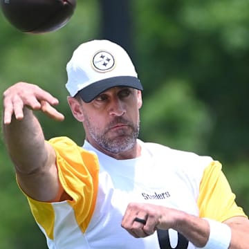 Jun 10, 2025; Pittsburgh, PA, USA; Pittsburgh Steelers quarterback Aaron Rodgers (8) throws the ball during minicamp at their South Side facility. Mandatory Credit: Philip G. Pavely-Imagn Images