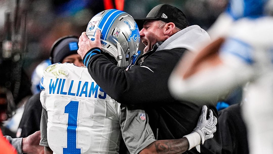 Detroit Lions wide receiver Jameson Williams (1) celebrates a touchdown against Philadelphia Eagles with head coach Dan Campbell during the first half at Lincoln Financial Field in Philadelphia on Sunday, November 16, 2025.