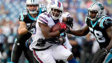 Aug 14, 2015; Orchard Park, NY, USA; Buffalo Bills running back LeSean McCoy (25) runs the ball against the Carolina Panthers during the first quarter in a preseason NFL football game at Ralph Wilson Stadium.