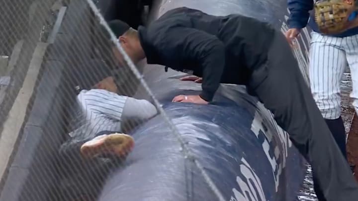 An umpire checks on Oswald Peraza after he made a tough catch. An umpire checks on Oswald Peraza after he made a tough catch.