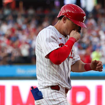 Jul 30, 2024; Philadelphia, Pennsylvania, USA; Philadelphia Phillies outfielder Austin Hays (9) runs the bases after hitting a three RBI home run during the second inning against the New York Yankees at Citizens Bank Park