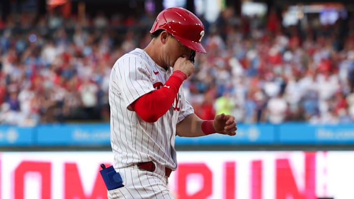 Jul 30, 2024; Philadelphia, Pennsylvania, USA; Philadelphia Phillies outfielder Austin Hays (9) runs the bases after hitting a three RBI home run during the second inning against the New York Yankees at Citizens Bank Park