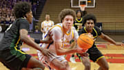 St. Rose’s Jayden Hodge drives to the basket. St. Rose Boys Basketball loses to Roselle Catholic 55-51 in Non-Public B boys basketball state championship in Piscataway on March 14, 2025.