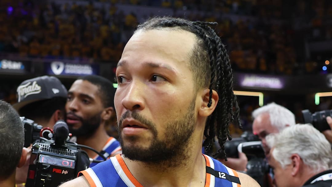New York Knicks guard Jalen Brunson reacts after game six of the eastern conference finals against the Indiana Pacers.