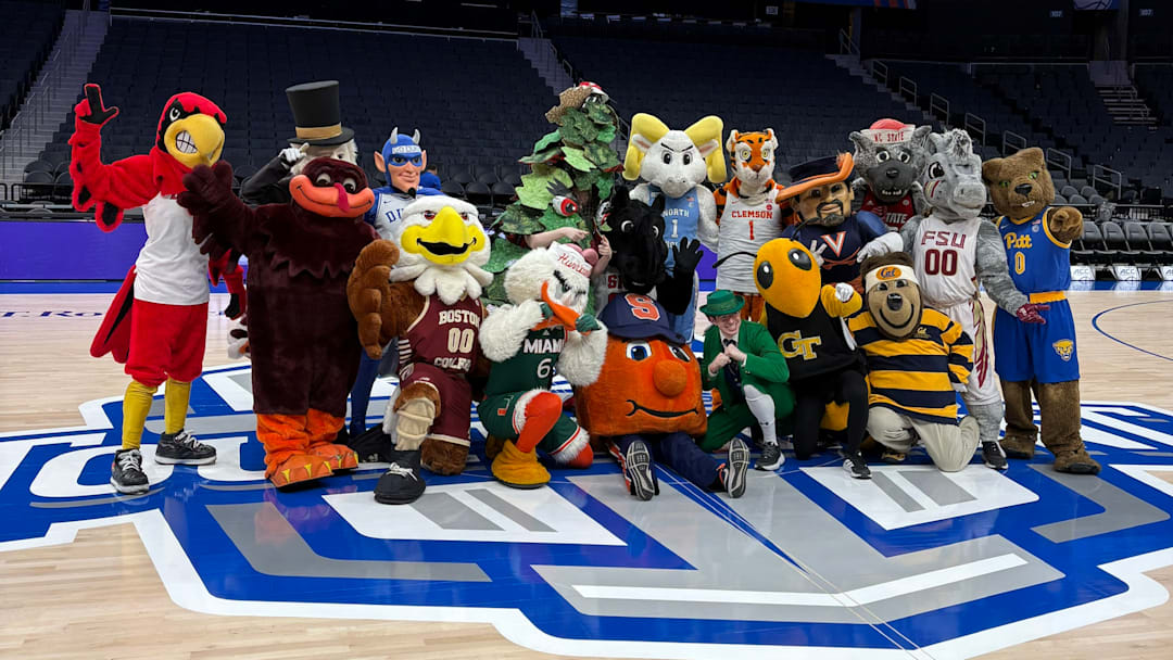 All 18 ACC school mascots, in a rare joint appearance, on the court at the Spectrum Center in Charlotte before the start of the 2025 ACC Tournament. 