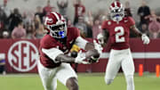 Nov 8, 2025; Tuscaloosa, Alabama, USA;  A long pass to a wide open Alabama wide receiver Germie Bernard (5) is just a shade too long and falls incomplete during the second half of the game with LSU at Saban Field at Bryant-Denny Stadium. Alabama defeated LSU 20-9