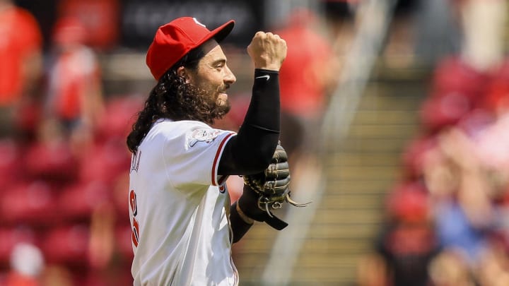 Jul 11, 2024; Cincinnati, Ohio, USA; Cincinnati Reds second baseman Jonathan India (6) reacts after the victory over the Colorado Rockies at Great American Ball Park. Mandatory Credit: Katie Stratman-USA TODAY Sports