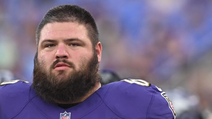 Aug 11, 2022; Baltimore, Maryland, USA;  Baltimore Ravens guard Ben Cleveland (66) walks the sidelines during the first half against the Tennessee Titans at M&T Bank Stadium. Mandatory Credit: Tommy Gilligan-USA TODAY Sports