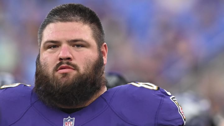 Aug 11, 2022; Baltimore, Maryland, USA;  Baltimore Ravens guard Ben Cleveland (66) walks the sidelines during the first half against the Tennessee Titans at M&T Bank Stadium. Mandatory Credit: Tommy Gilligan-USA TODAY Sports