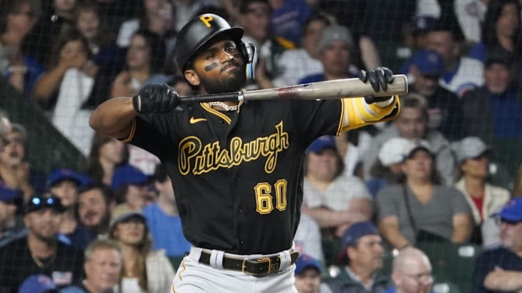 Sep 21, 2023; Chicago, Illinois, USA; Pittsburgh Pirates shortstop Liover Peguero (60) reacts after