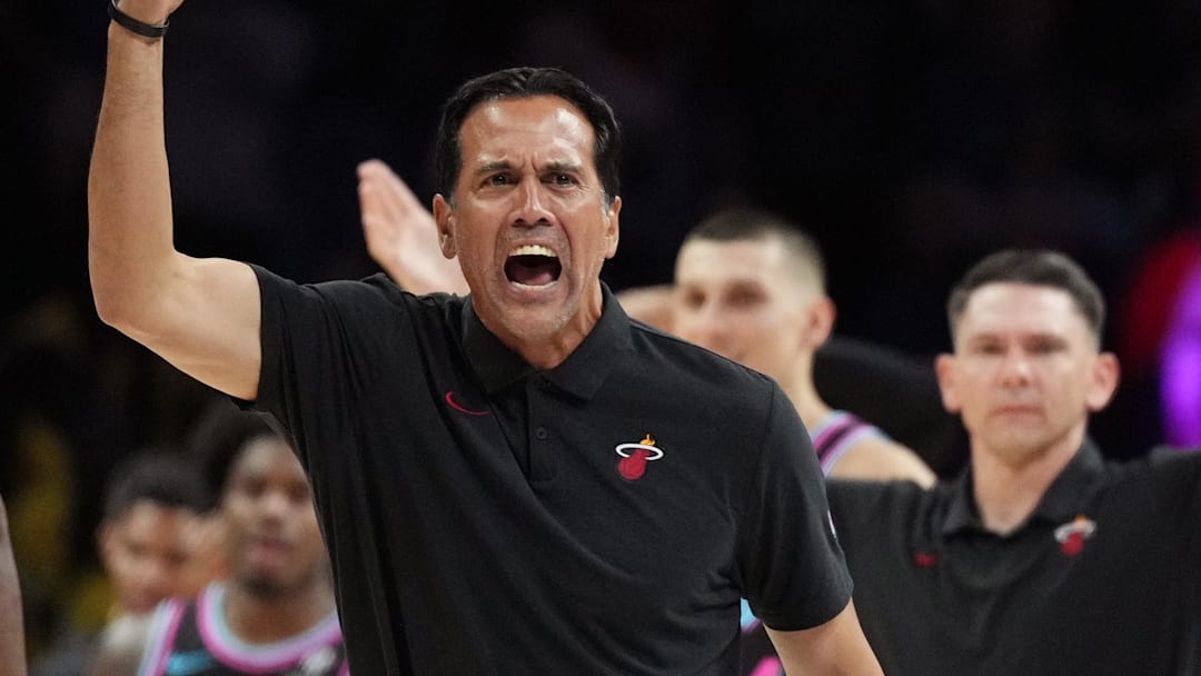 Miami Heat head coach Erik Spoelstra reacts (Mandatory Credit: Jim Rassol-Imagn Images)