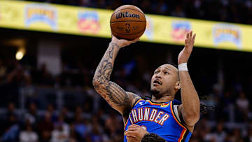 Oklahoma City Thunder forward Jaylin Williams (6) drives to the net against Denver Nuggets forward Michael Porter Jr. (1) in the second quarter during game six of the second round for the 2025 NBA Playoffs at Ball Arena.