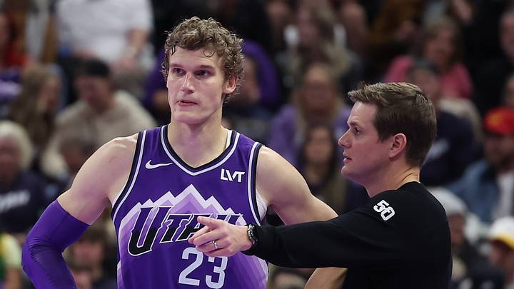 Nov 17, 2023; Salt Lake City, Utah, USA; Utah Jazz forward Lauri Markkanen (23) and head coach Will Hardy speak while the Phoenix Suns shoot free throws in the fourth quarter at Delta Center. Mandatory Credit: Rob Gray-USA TODAY Sports