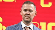 Jul 24, 2024; Indianapolis, IN, USA;  USC Trojans head coach Lincoln Riley speaks to the media during the Big 10 football media day at Lucas Oil Stadium. Mandatory Credit: Robert Goddin-Imagn Images